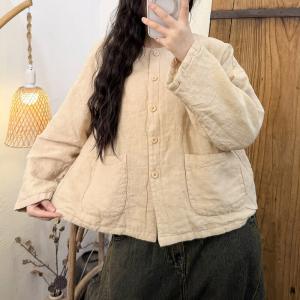 Front Pokcets Plain Linen Quilted Short Coat