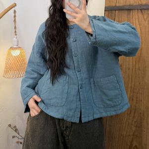Front Pokcets Plain Linen Quilted Short Coat
