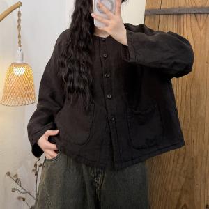 Front Pokcets Plain Linen Quilted Short Coat