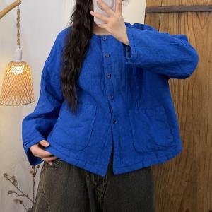Front Pokcets Plain Linen Quilted Short Coat