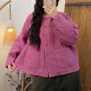 Front Pokcets Plain Linen Quilted Short Coat