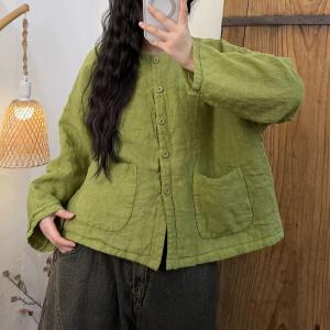 Front Pokcets Plain Linen Quilted Short Coat