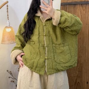 Frog Buttons Lamb Wool Lining Linen Coat