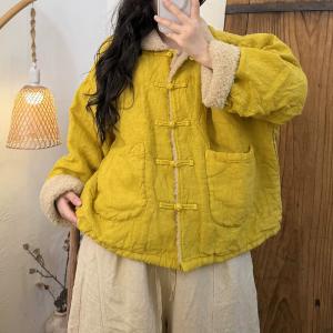 Frog Buttons Lamb Wool Lining Linen Coat