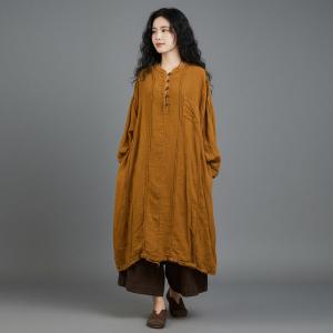 Half Buttons Linen Modest Fringed Dress