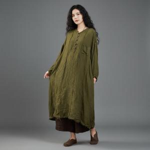 Half Buttons Linen Modest Fringed Dress