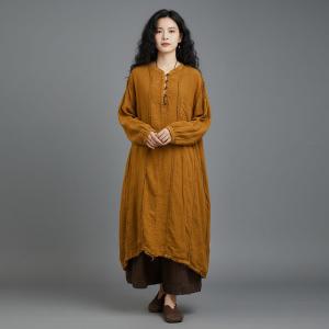 Half Buttons Linen Modest Fringed Dress
