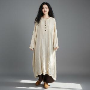 Half Buttons Linen Modest Fringed Dress