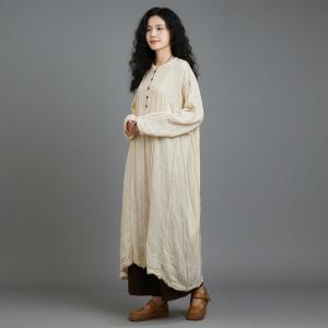Half Buttons Linen Modest Fringed Dress