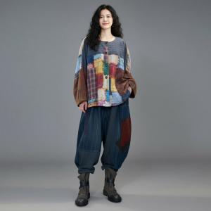 Colorful Printed Patchwork Cotton Linen Blouse