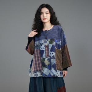 Colorful Printed Patchwork Cotton Linen Blouse