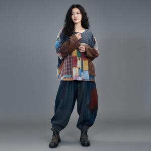Colorful Printed Patchwork Cotton Linen Blouse