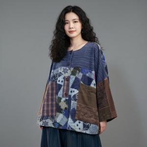 Colorful Printed Patchwork Cotton Linen Blouse