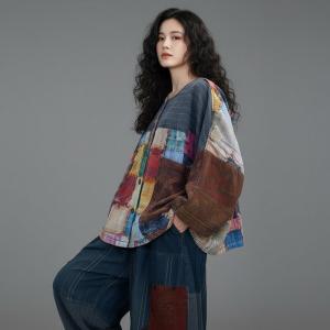 Colorful Printed Patchwork Cotton Linen Blouse