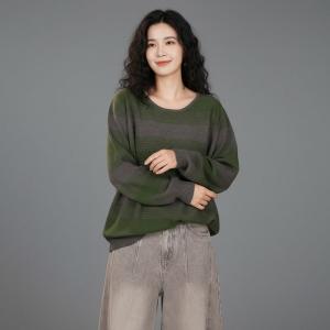 Crew NeckChuny Striped Knit Green Sweater