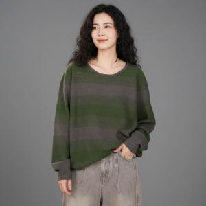 Crew NeckChuny Striped Knit Green Sweater