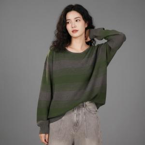 Crew NeckChuny Striped Knit Green Sweater