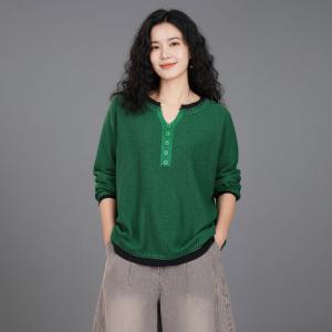 Sweetheart Neck Knitted Green Henley Shirt