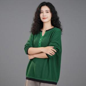 Sweetheart Neck Knitted Green Henley Shirt