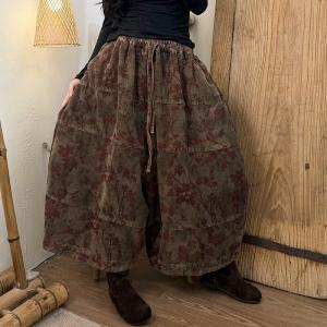 Dense Flowers Corduory Wide Leg Ankle Pants