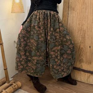 Dense Flowers Corduory Wide Leg Ankle Pants