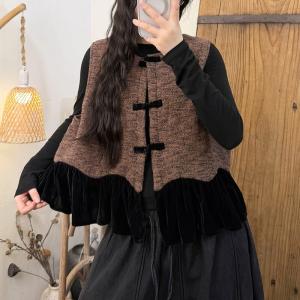 Velvet Ruffles Frog Buttons Cotton Linen Vest