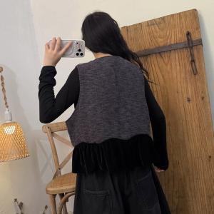 Velvet Ruffles Frog Buttons Cotton Linen Vest