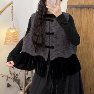 Velvet Ruffles Frog Buttons Cotton Linen Vest