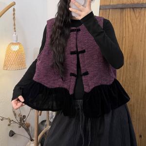 Velvet Ruffles Frog Buttons Cotton Linen Vest