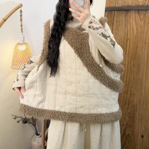 Linen and Faux Shearling Patchwork Quilted Oriental Vest