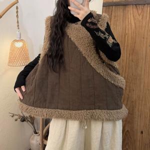 Linen and Faux Shearling Patchwork Quilted Oriental Vest