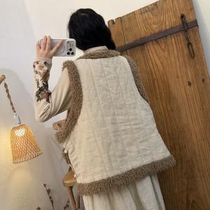 Linen and Faux Shearling Patchwork Quilted Oriental Vest