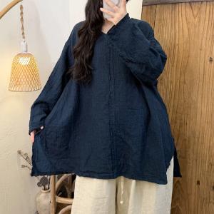 Fringed Hem V-Neck Plain Linen Tunic