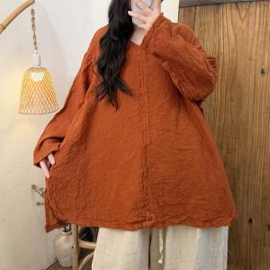 Fringed Hem V-Neck Plain Linen Tunic