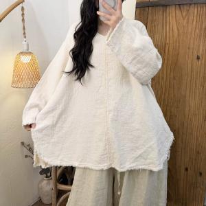 Fringed Hem V-Neck Plain Linen Tunic